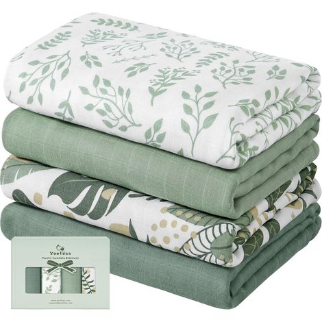 Couverture d’Emmaillotage pour Bébé Lot de 4 Langes de Gaze de Coton et Bambou 120x120 cm pour l’Emaillotage Couche Plaid Gigoteuse Couverture Serviette Bavoir (1/5)