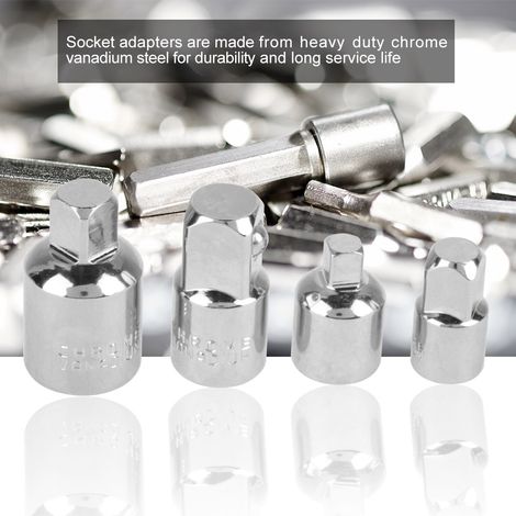 Lot de 4 adaptateurs réducteurs pour douilles en acier chromé vanadium argenté, 1/2", 3/8", 1/4", adaptateur pour clé
