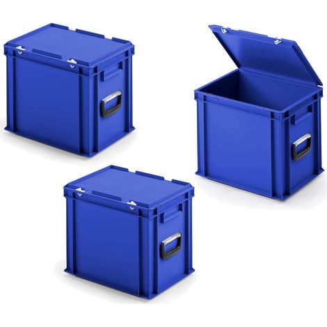 BRB Lot de 3 valises empilables Euro avec 2 poignées de transport en polypropylène Bleu 400 x 300 x 330 mm