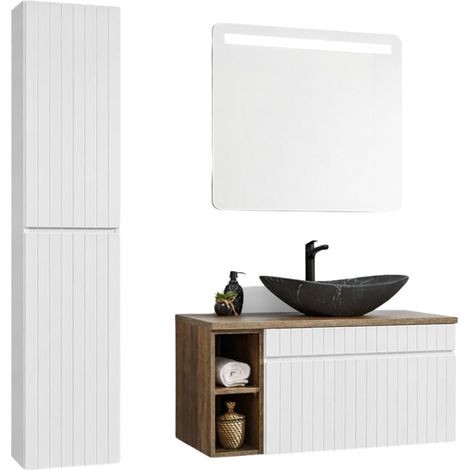 ICON Set weiß: Waschtischunterschrank 100 cm mit sichtbaren Nischen + schwarzes marmoriertes Aufsatzwaschbecken + LED-Spiegel + Hochschrank (1/5)