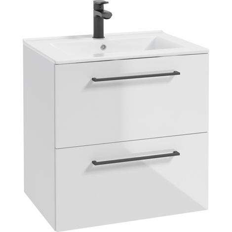 Bad Waschtisch in weiß Hochglanz lackiert mit Metallgriffen in schwarz, 2 Schubladen und Keramikwaschbecken MESSINA-107, B/H/T ca. 60/62/46 cm (1/5)