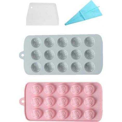 Lot de 2 mini moules à bonbons (rose,15 cavités), silicone antiadhésif (glaçons/gelée/chocolat/savon) + poche/grattoir (1/5)