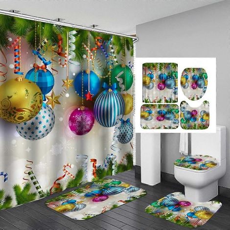 Ensemble de douche 4 pièces Joyeux Noël avec rideau, tapis antidérapant, tapis de bain, couvre-toilette et 12 crochets, motif sapin de Noël, boules et flocons de neige rouges (1/5)