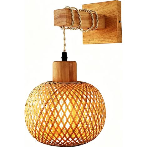 Applique Murale Intérieur Vintage, Lampe Murale en Bois et Métal, E27 Rétro Cage Applique avec Abat-jour en Rotin pour Salon Chambre Couloir Salle à Manger Max 60W (Sans Ampoule) (1/5)