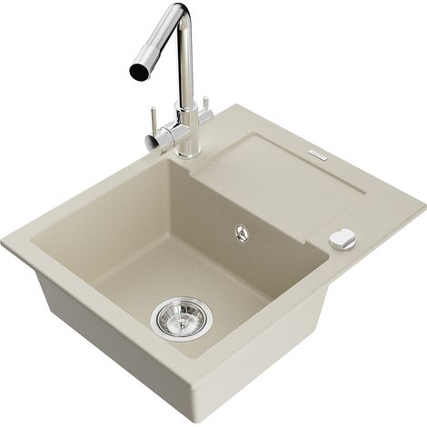 Mexen Enzo 1 Becken-Granitspüle mit Abtropffläche und Mischbatterie Duero, Beige - 6506-69-671600-00 (1/5)