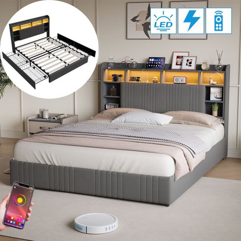 Doppelbett 160x200 cm mit Stauraum - Leinenbett, Kopfteil mit Stauraum und LED-Beleuchtung, 4 Schubladen, Lattenrost, für modernes Schlafzimmer - Grau