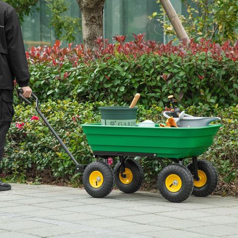 Chariot de jardin robuste à benne basculante, capacité de 200 kg, avec châssis en acier et pneus pneumatiques de 25 cm, couleur verte, pour une utilisation dans la cour et le jardin. (1/5)