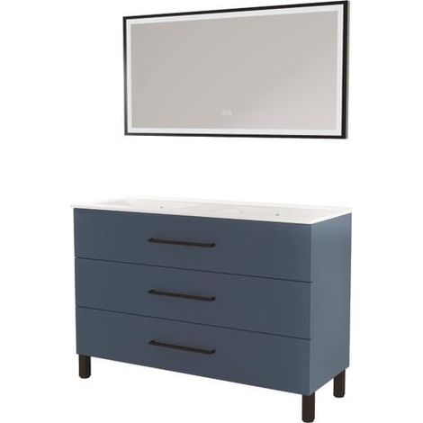 ONDEE ZEN - Meuble à poser MONACO - Dim 120cm - Bleu Minéral - Mir SELENA - Poignées noires
