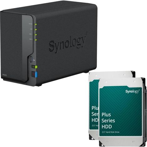 Carcasa de servidor NAS Synology DiskStation DS223 de 2 bahías + 2 discos duros Synology Plus SATA de 3,5" y 6 Gb/s de 12 T