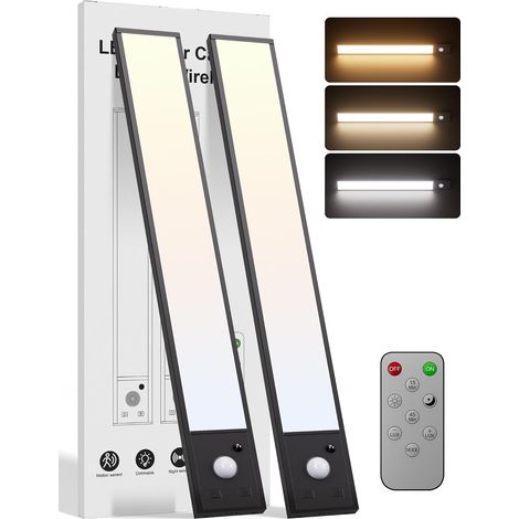 2 Pack Lampe Detecteur de Mouvement Interieur,30cm Reglette Led Cuisine Sous Meuble Sans Fi Dimmable pour Télécommandé pour Armoire Placard Escalier (1/5)