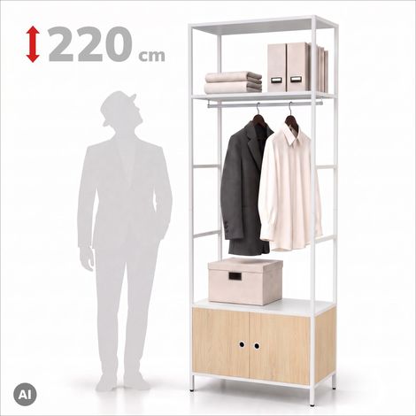 Büroregal offen mit Kleiderstange, für Empfang und Wartebereich, aus Metall, weiß/Sonoma-Eiche, 800x2200x400 mm: ARIEL Eco Design