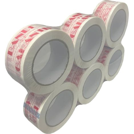 Lot de 6 Rubans adhésif manuel Bande de Garantie blanc et rouge - 48 mm x 100.00 m (36% de plus que les 66 mètres), 28 µm - Pour Boite D'Emballage Et Cartons. Peu Bruyant Et Très Compact (1/5)