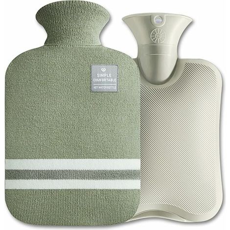 Bouillotte 2L, bouillotte étanche, bouillotte avec couvercle amovible et couvercle tricoté lavable, soulage rapidement la douleur et apporte du confort (Vert-2L) (1/5)
