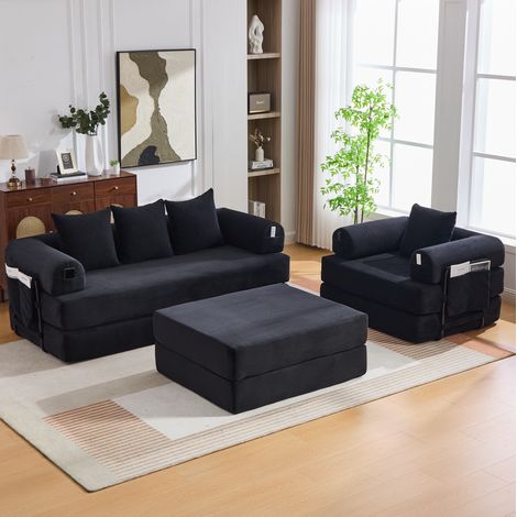 Sofá modular 4 plazas 200x190x67 cm de tela acanalada negra FloraGrace (1/5)