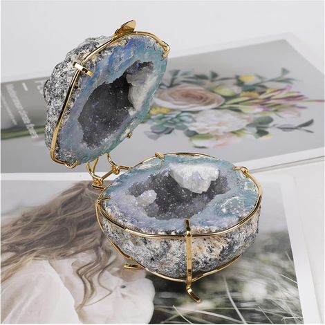 1 pièces pierres naturelles Agate grappe Quartz géode boîte à bijoux collier anneau boîte de rangement cristaux boîte décoration Collections de la maison (1/5)