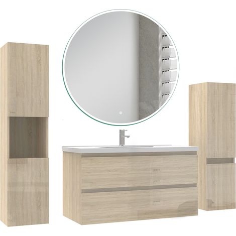 Ocean Ensemble de Meuble salle de bain 99cm + miroir led rond + colonne 110cm + colonne 131.5cm, Chêne Haut Brillant