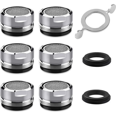 Mousseur Robinet M24, 6 Pièces Aerateur Robinet Economie Eau Avec Filtre en Acier Inoxydable et ABS, comprendre 6 joints et 1 clé à Mousseur chromée pour Robinet Lavabo de Salle de Bain et Cuisine - R (1/5)