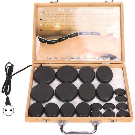 20 pierres de basalte chauffantes rondes, chauffage rapide, ensemble de massage spa électrique 220V, boîte en bambou incluse (1/5)