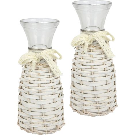 Lot de 2 vases en Verre avec rotin et Dentelle - 21 cm - Style Maison de Campagne - Décoration de Table Rustique - pour Mariage - Nœud - Fleurs Simples - Vase cylindrique - Vase de Table - Fleurs