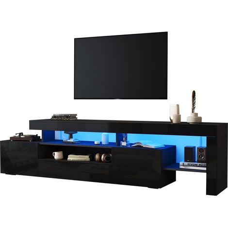 Meuble TV LED brillant noir 192 x 37 x 53 cm, 3 rangements, pour téléviseur jusqu’à 85 pouces, plateau large, en panneau de particules  CHICFURN (1/5)
