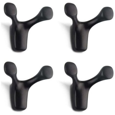 Lot de 4 crochets muraux doubles, robustes, en alliage de zinc massif, en forme de bois de cerf, pour salle de bain, chambre, cuisine, vis incluses (noir mat) (1/4)