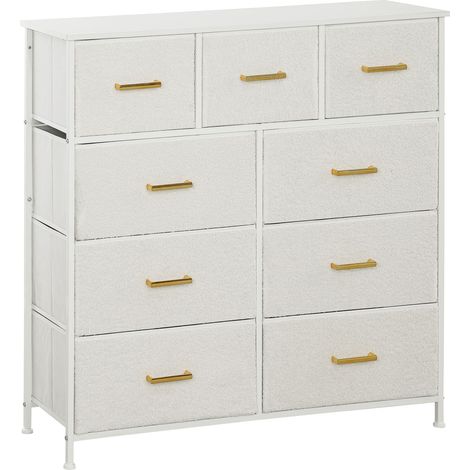 Chest of Drawers with 9 Fabric Drawers, Boucle Storage Organiser with Steel Frame, Fabric Dresser for Bedroom, Living Room, Hallway, Cream White
