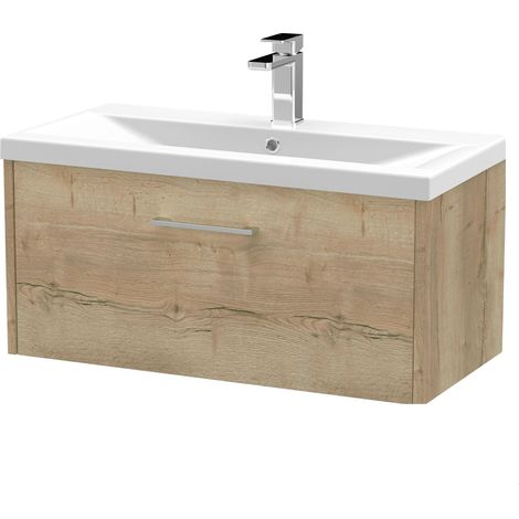 Winshill Contemporary 1 Drawer Wall Hung Vanity Unit with Mid-Edge Basin, Light Oak, 800mm