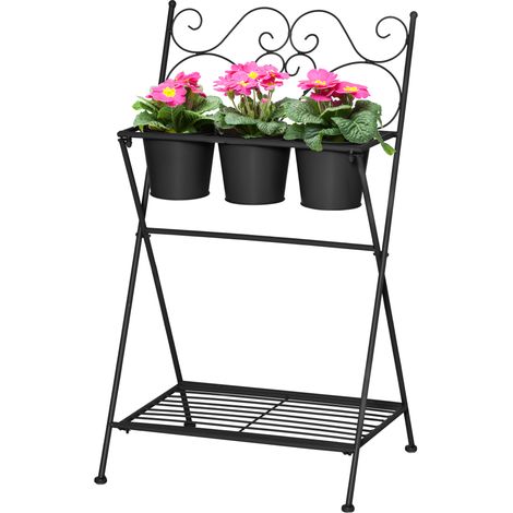 Zusammenklappbarer Pflanzenständer aus Metall mit 3 Töpfen und unterer Ablage für den Innen- und Außenbereich, 47 x 37 x 78,5 cm, schwarz