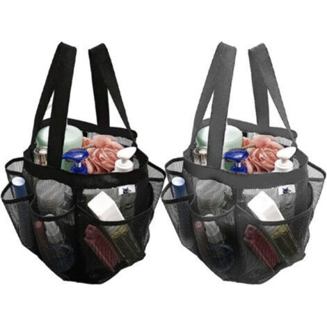 Lot de 2 sacs de douche en maille à séchage rapide, 8 poches, organiseur de bain avec 2 poignées de suspension pour plage, camping, dortoir, salle de bain et voyage – Gris et noir