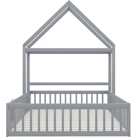 Cama infantil cabaña 140 x 200 gris con almacenamiento, barrera completa y somier (1/5)