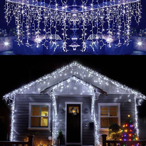 Jiubiaz LED Eisregen Lichterkette 200 LEDs 5m Kaltweiß, 8 Modi, Memory-Funktion, 31V Lichtervorhang für Fenster Party Garten Wohnzimmer (1/5)