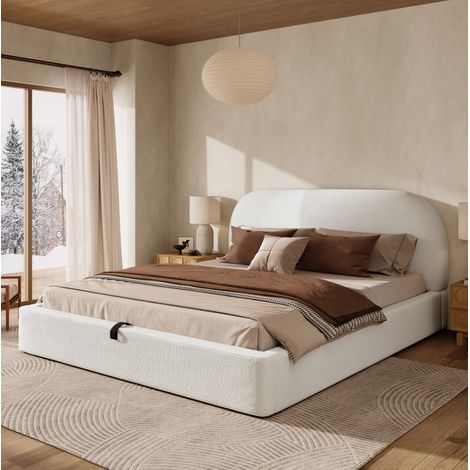 Lit double 180x200 cm bouclé beige avec coffre hydraulique, gain de place, sans matelas – MEUBLIV (1/5)