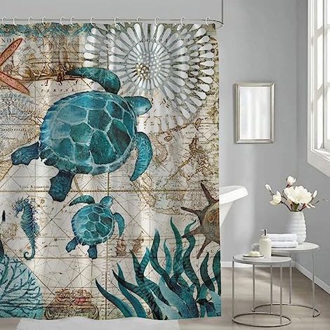 Rideau de Douche Anti Moisissure Salle de Bain Rideau Baignoire 180x200 Mer Tortue Marine Beau Imprimé en Tissu Imperméable avec 12 Crochets (1/4)