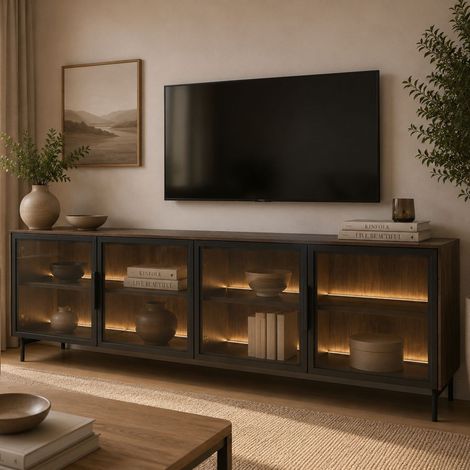 Mueble para TV Kalerora, 3 estantes, 4 puertas, con luces LED, 181x39x62h cm, marrón nogal (1/5)
