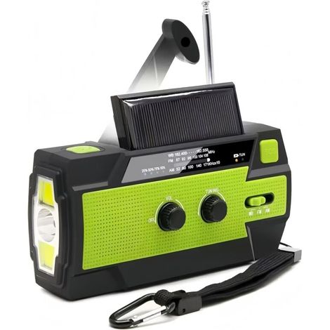 Radio météo d'urgence AM/FM/WB, 4 000 mAh, manivelle, énergie solaire, 3 lampes torches LED, alarme SOS, chargeur USB pour téléphone portable - Vert (1/5)
