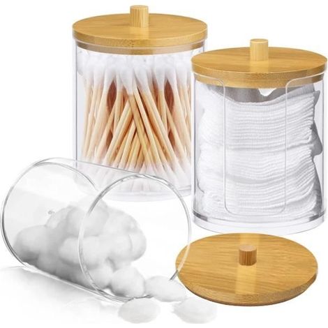 Boite Coton Tige - Non spécifié - 3 Pièces - Couvercle en Bambou - Rangement Hygiénique - Durable (1/4)