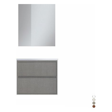 Mobile in materiale nobilitato melaminico. Base sospesa con 2 cassetti con apertura a gola L 70 x P 46 x H 50 cm . Lavabo in ceramica cm. 70x46. Specchio a filo lucido L. 60xH.80 cm. Faretto led.(