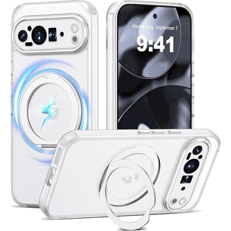 (Transparent, Google Pixel 9 Pro) Coque de téléphone semi-transparente antichoc avec support magnétique à 360°, compatible MagSafe (1/5)