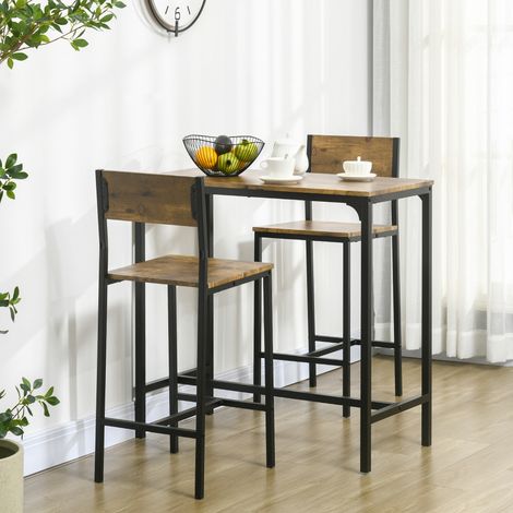 Ensemble bar 3 pièces, table haute, 2 chaises, MDF, structure en métal, imperméable, marron