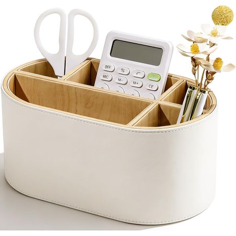 Schreibtisch-Organizer aus PU-Leder mit mehreren Fächern, Fernbedienungshalter für Fernbedienungen, Stifte, Make-up-Pinsel, Büroaccessoires (beige) (1/5)