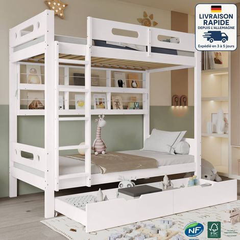Letto a castello per bambini 90x200 cm con sponde di sicurezza, 2 cassetti con rotelle, ripiani aperti, scaletta a 5 gradini, legno certificato PEFC, bianco (1/5)