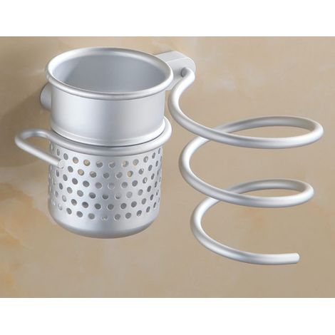 Spiralförmiger, wandmontierter Haartrocknerhalter mit Ablagefach – silber (1/4)
