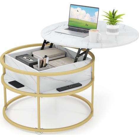 Tavolino da caffè con piano sollevabile con vano nascosto e ripiani laterali, Tavolo rotondo da 80 cm Bianco (1/4)