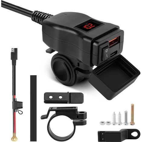 Chargeur Moto USB-A et Type-C 12V-24V avec voltmètre et Interrupteur Marche/arrêt, étanche IP65, Charge Rapide pour téléphones, tablettes et GPS, Support Guidon/Miroir