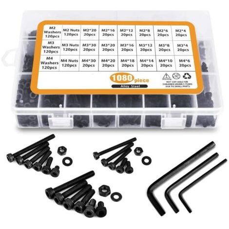 QORVA-1080PCS M2 M3 M4 en Acier au Carbone Bouton à tête hexagonale Socket Tête Câble Boulons Vis avec écrous Assortiment (Noir)