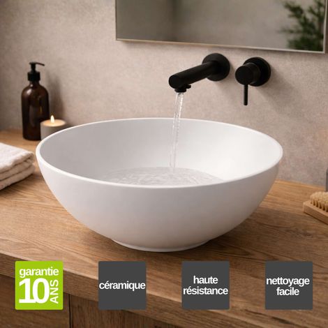 Vasque à poser ronde en céramique blanc mat Ø41 cm, Profondeur 14,5 cm – SANIZEO ATE - Idéale pour salle de bain moderne (1/5)