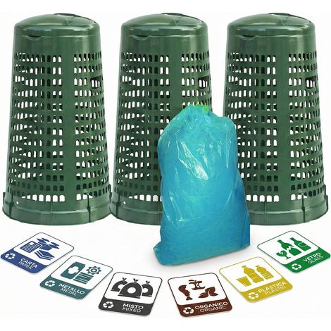 Set 3 Trespolo Porta Sacco 100 Litri Verde Traforato con Coperchio e Anello Fermasacco + 20 Sacchi e 6 Etichette Adesive Bidone Spazzatura per Raccolta Differenziata Giardino Esterno Made in Italy
