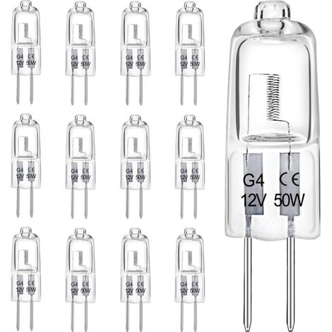 Ampoules halogènes G4, ampoule 12 V 50 W, ampoule à capsule transparente à 2 broches, ampoules blanc chaud 2700 K à intensité variable (paquet de 12) [Classe énergétique G]