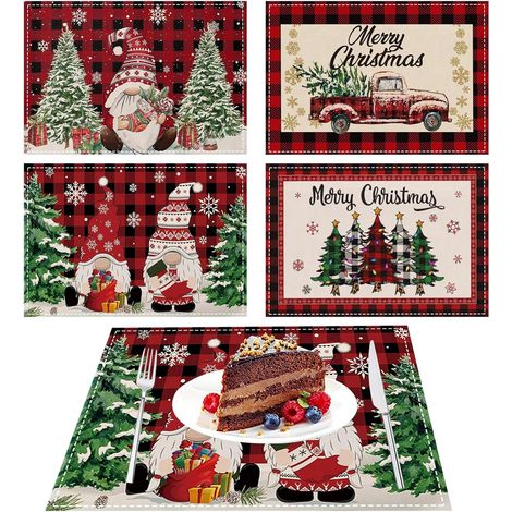 4 Pièces Set de Table Noel, Set Table Noel en Lin Lavables, avec Motif Voiture, Nain, Sapin de Noël, Flocon de Neige, pour Cuisine Table à Manger Décoration de Fête, 30 x 45cm (1/5)