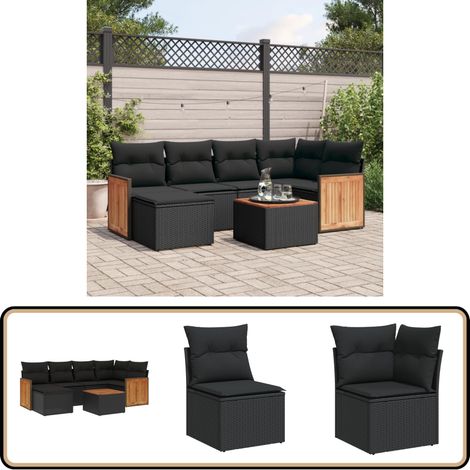 Salon de jardin 7 pcs avec coussins noir résine tressée - Ensemble Salon De Jardin - Meuble Extérieur - Mobilier De Jardin - Chaise Longue - Set De Salon